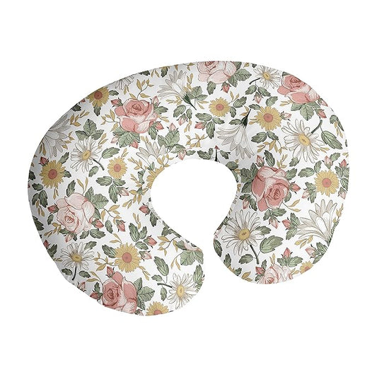Sweet Jojo Designs Vintage Floral Boho Nursing Pillow Cover Breastfeeding Pillowcase for Newborn Infant Bottle Breast Feeding Pillow NOT Included Blush Pink Yellow Green Bohemian Shabby Chic Farmhouse