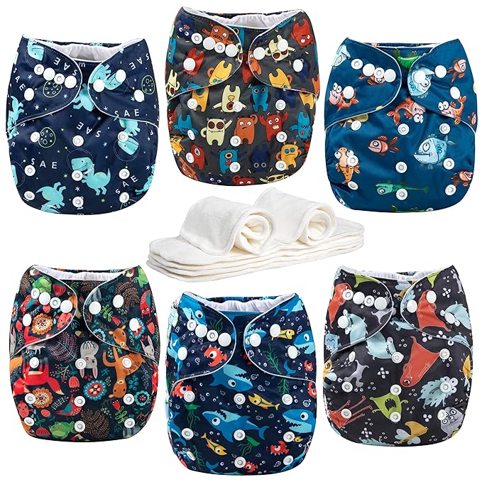 Wegreeco Cloth Diapers 6 Pack with Inserts & Wet Bag, Washable Reusable Diapers for Babies, One Size Adjustable (Monster Style)