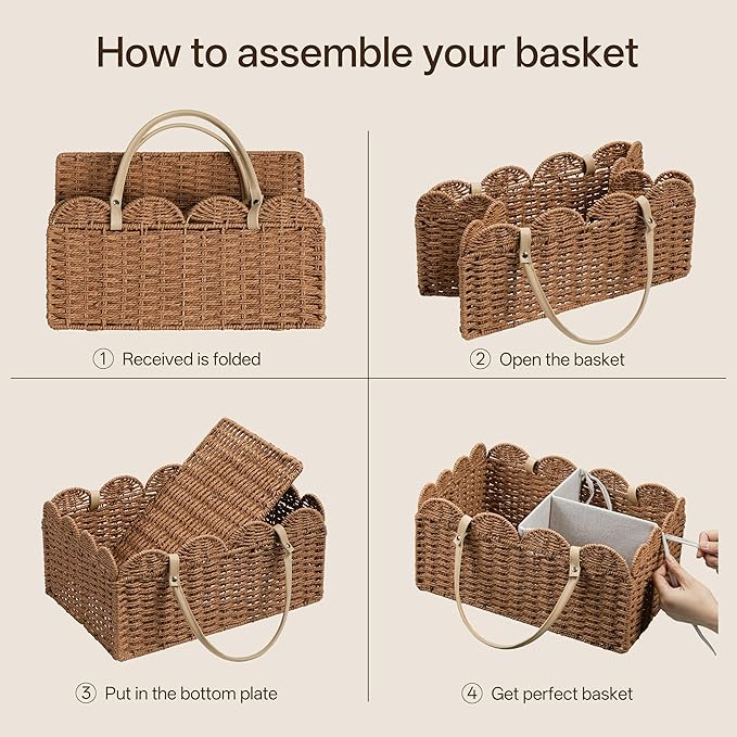 Angelhood Scalloped Paper Rope Diaper Caddy, Woven Floral Baby Diaper Organizer with Dividers for Changing Table, Nursery & Car Portable Baby Gift Basket