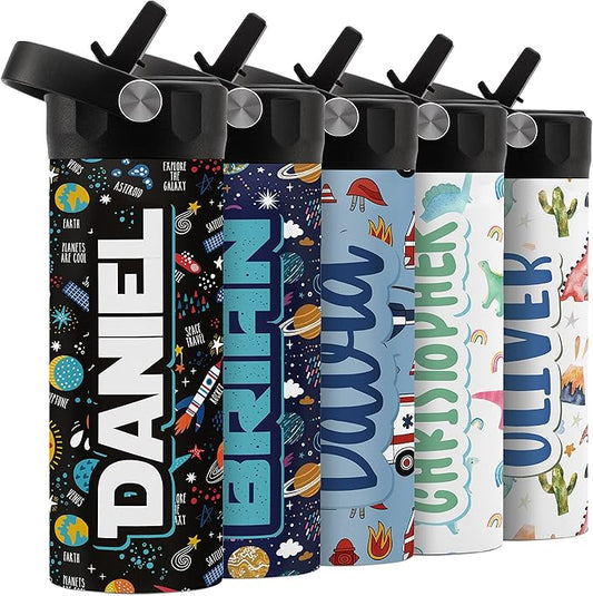 Personalized Water Bottle for Kids - 14 oz - 14 Design Options, Custom Water Bottle for Children - End of School Year Gifts, Back to School Gifts - BPA FREE, Double-Wall Insulation - Space
