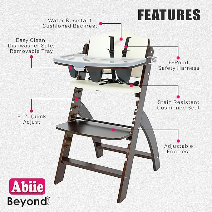Abiie Beyond Junior Wooden High Chair for Babies and Toddlers - Convertible 3-in-1 Baby Highchair with Removable Tray - 6 Months to 250 Lb - Water Resistant - Mahogany Wood/White Cushion