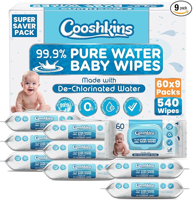 Bulk 540 Wipes – 60 Count (Pack of 9) De-Chlorinated Pure Water Baby Wipes | Gentle Unscented Wipes for Sensitive Skin | 99.9% Pure Water Based | Alcohol-Free, Paraben-Free | Soft & Thick