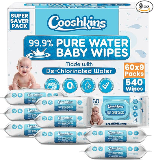 Bulk 540 Wipes – 60 Count (Pack of 9) De-Chlorinated Pure Water Baby Wipes | Gentle Unscented Wipes for Sensitive Skin | 99.9% Pure Water Based | Alcohol-Free, Paraben-Free | Soft & Thick