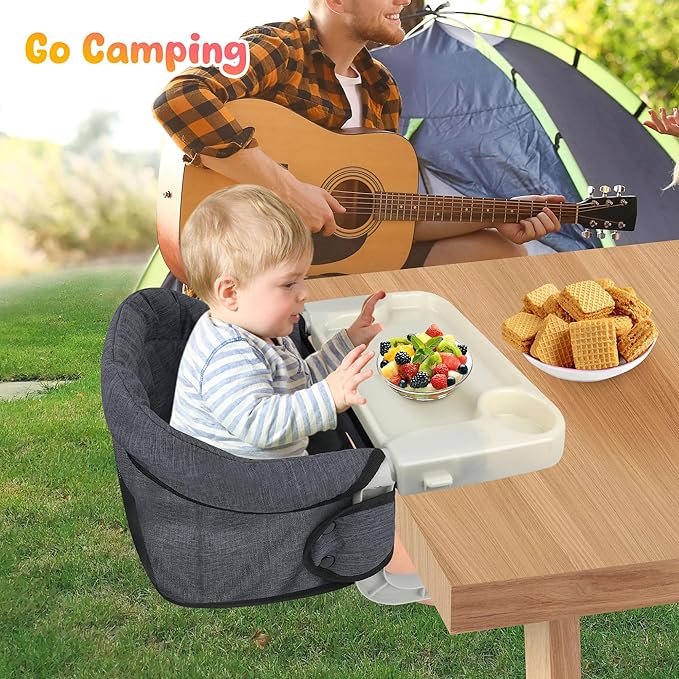 Hook On High Chair with Removable Tray for Babies 6-36 Months | Secure & Portable Foldable Travel High Chair | Clip On Baby Feeding Seat with Non-Slip Aluminum Clamp, Washable Cover & Carry Bag (Grey)