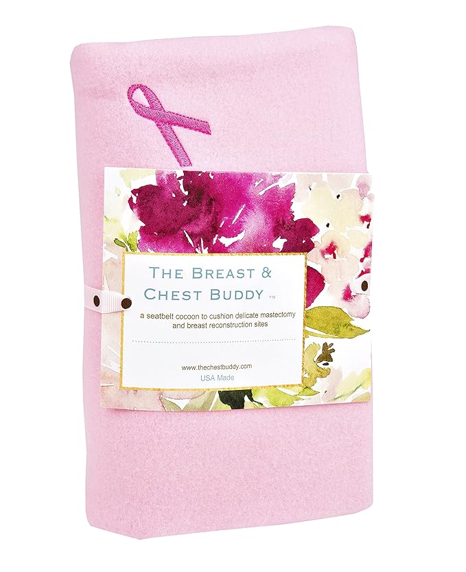 The Breast & Chest Buddy - Seatbelt Cushion for Mastectomy and Breast Reconstruction Sites - Solid Pink with Breast Cancer Ribbon