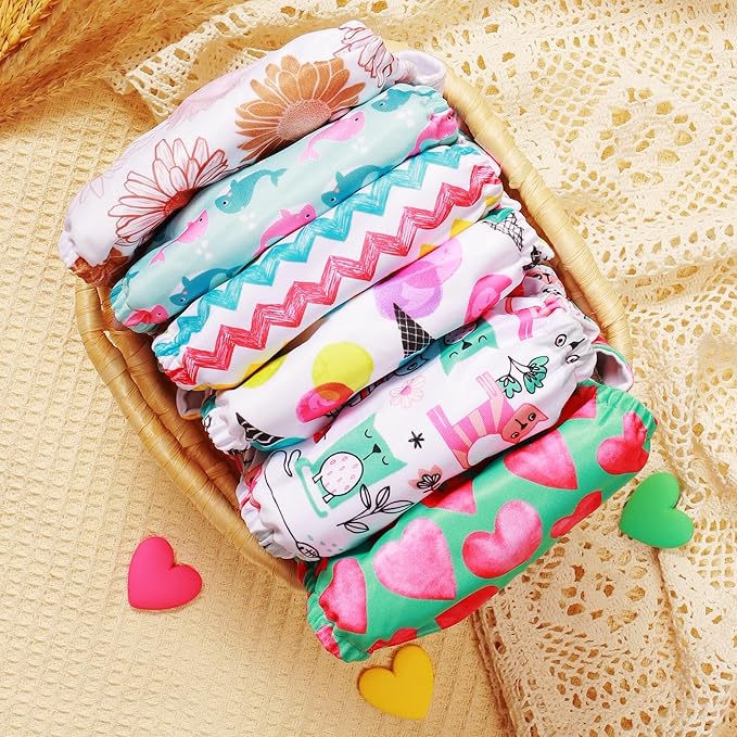 Cloth Diapers 6 Pack with 6 Inserts & 1 Wet Bag - Waterproof Cover, Washable, Reusable & One Size Adjustable Pocket Diapers for Newborns and Toddlers (Blossom Set)