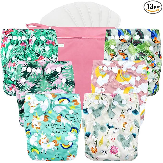 wegreeco Cloth Diapers 6 Pack with 6 Inserts & 1 Wet Bag, Washable Cloth Diapers for Babies, One Size Adjustable Reusable (Rainbow, Horse)
