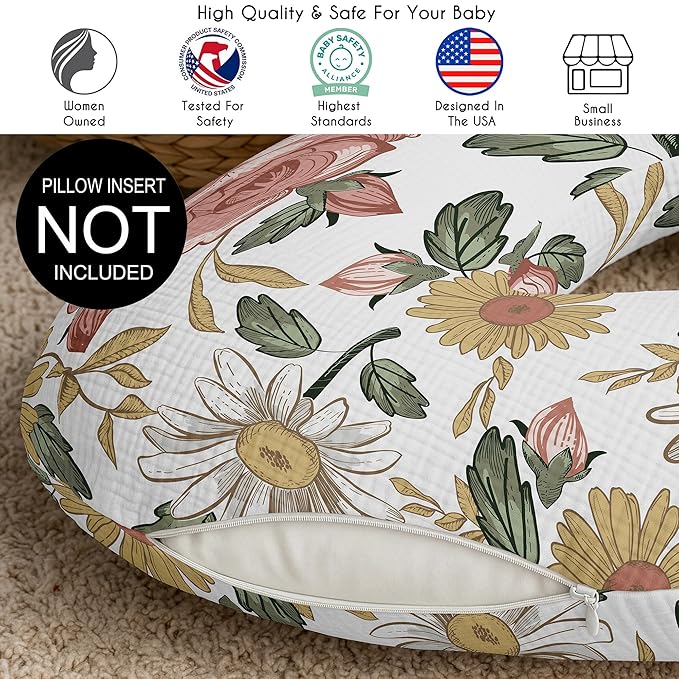 Sweet Jojo Designs Muslin Nursing Pillow Cover (Boho Vintage Floral) for Baby Girls, Newborn, Infant 100% Cotton Breastfeeding Pillowcase - PILLOW NOT INCLUDED (Shabby Chic, Bohemian, Farmhouse, Pink)
