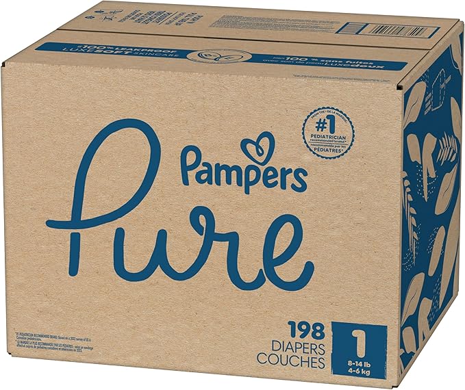 Pampers Pure Baby Diapers, Size 1 (8-14 lbs), 198, Up to 100% Leakproof, Premium Hypoallergenic Soft Diapers