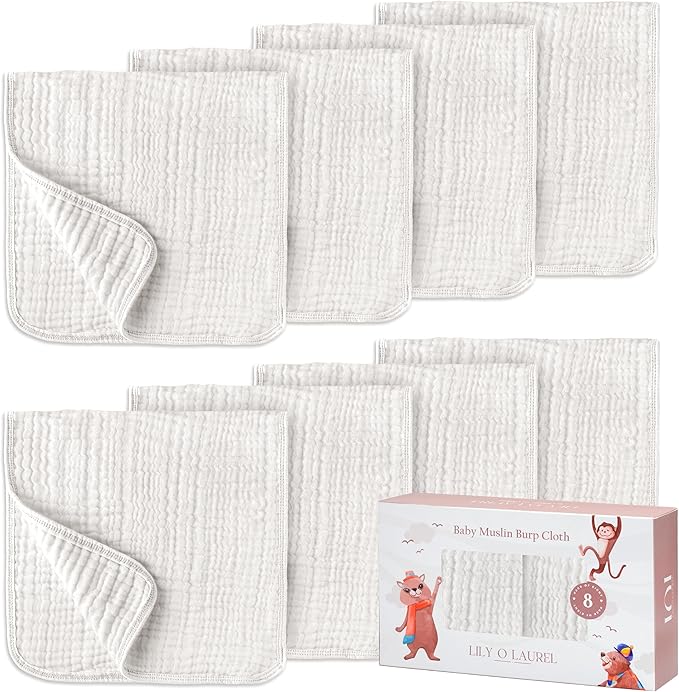 Muslin Burp Cloths, 20"x10"- Pack of 8, 6 Layers Super Soft Absorbent & Breathable 100% Cotton for Baby Drool and Messes, Burp Cloth Baby Boy and Burp Cloths Baby Girl