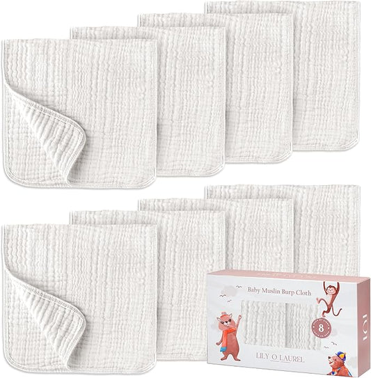 Muslin Burp Cloths, 20"x10"- Pack of 8, 6 Layers Super Soft Absorbent & Breathable 100% Cotton for Baby Drool and Messes, Burp Cloth Baby Boy and Burp Cloths Baby Girl