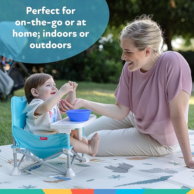 Nuby Pop-Up Booster Seat with Removable Tray - 6+ Months - Portable Booster Seat for Floor for Indoor/Outdoor Use - 3-Point Safety Adjustable Straps - Summer Travel Essentials - Blue