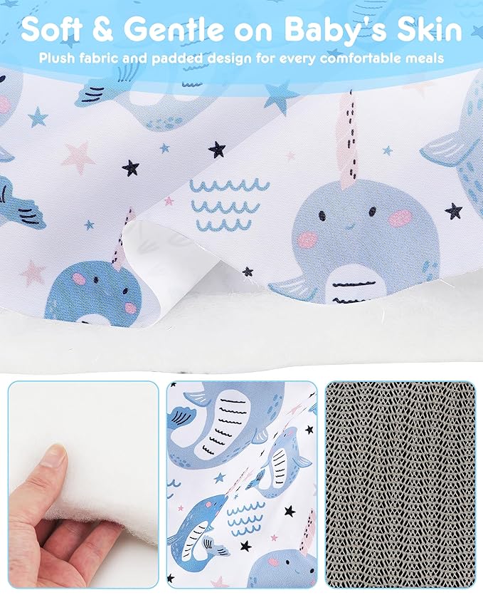 High Chair Cover Portable with 3-Point Harness, Waterproof Baby Seat Cover for Restaurant Travel Home Use, Machine Washable, Fits Wooden Chairs (Blue Whale)