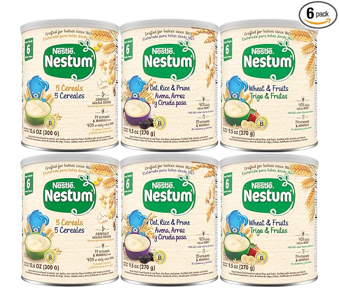 Nestum Nestle Infant Cereal Variety Pack, (2) 5 Cereals, (2) Oat, Rice & Prune, (2) Wheat & Fruits Variety Pack (6 Total Canisters) Multicolor