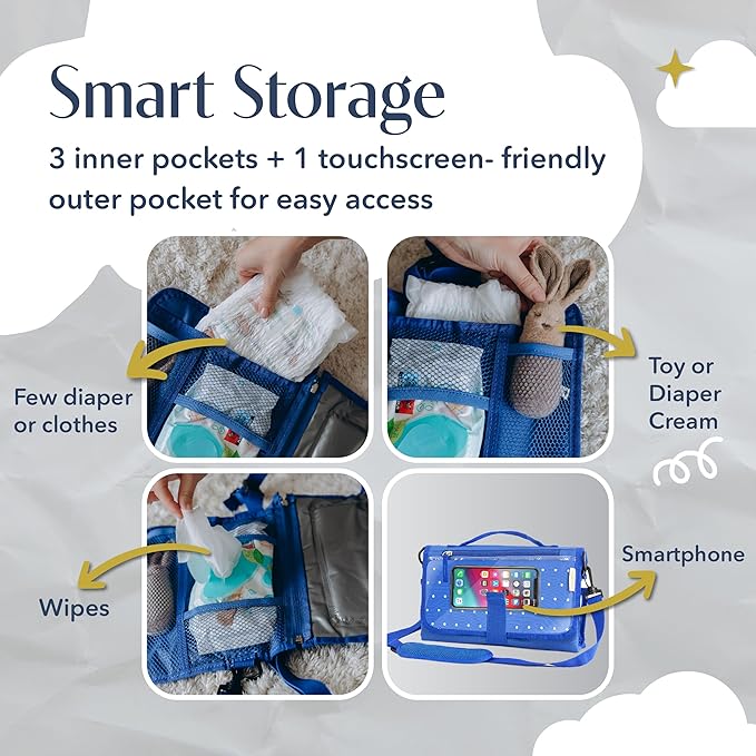 Portable Diaper Changing Mat, Fits Most Changing Tables, One-Hand Hook-and-Loop Fasteners, Front Touchscreen-Friendly Pocket, Blue