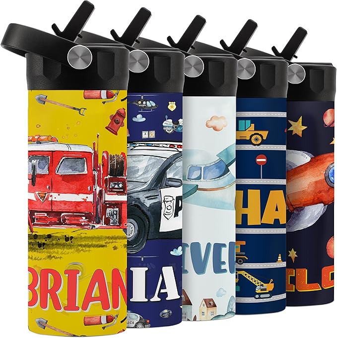 Personalized Kids Water Bottle with Straw Lid - 14 oz - 11 Wraparound Designs, Custom Water Bottle for Children, Back to School Gifts - BPA FREE, Double-Wall Insulated, Birthday Gifts - Fireman