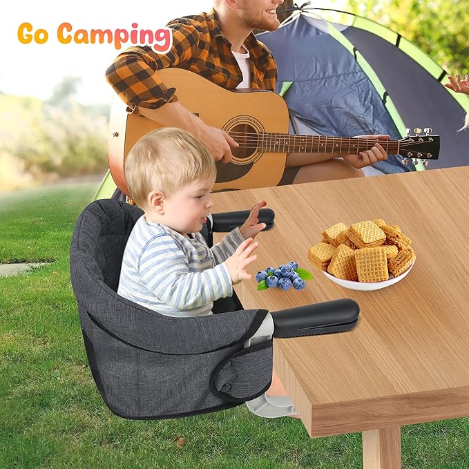 Hook On High Chair for Babies 6-36 Months | Secure & Portable Foldable Travel High Chair | Clip On Baby Feeding Seat with Non-Slip Aluminum Clamp, Detachable Washable Cover & Carry Bag (Black)