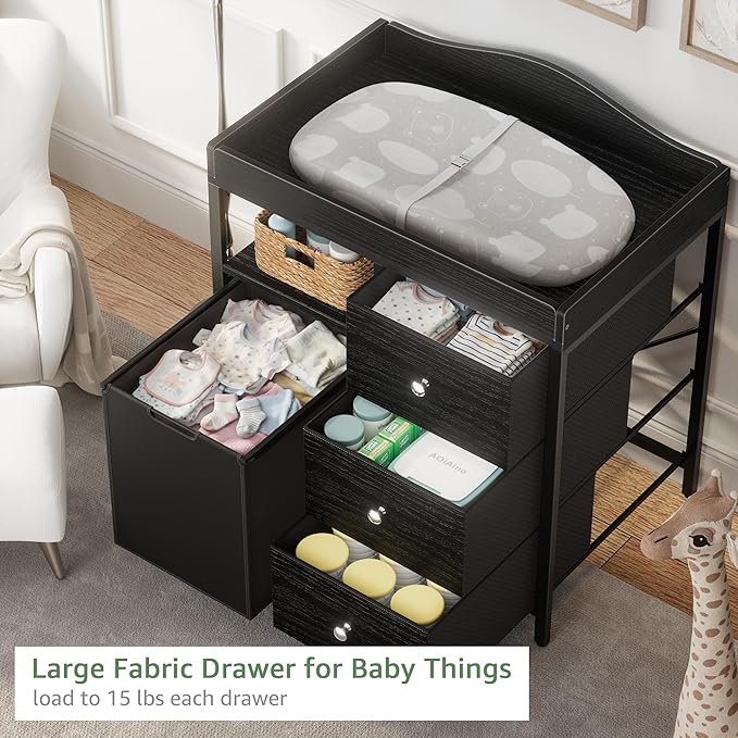 BOLUO Black Changing Table Dresser with 3 Fabric Drawers and Hamper, Baby Dresser with Changing Table Top, Nursery Diaper Changing Station with Storage Shelf Modern