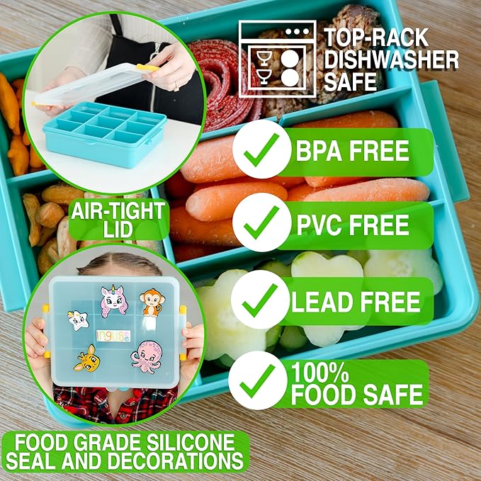 Travel Snack Box for Kids - Customizable Snackbox Container Organization System with Removable Dividers and Fun Silicone Character Decorations - Air-Tight Dishwasher-Friendly Toddler Food Containers