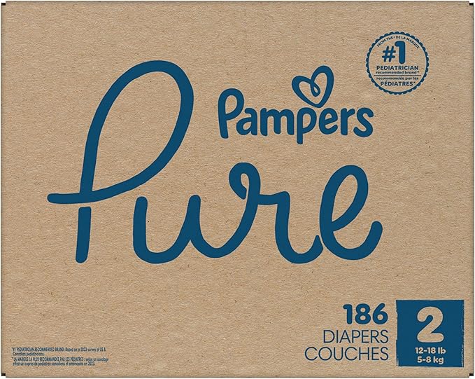 Pampers Pure Baby Diapers, Size 2 (12-18 lbs), 186, Up to 100% Leakproof, Premium Hypoallergenic Soft Diapers