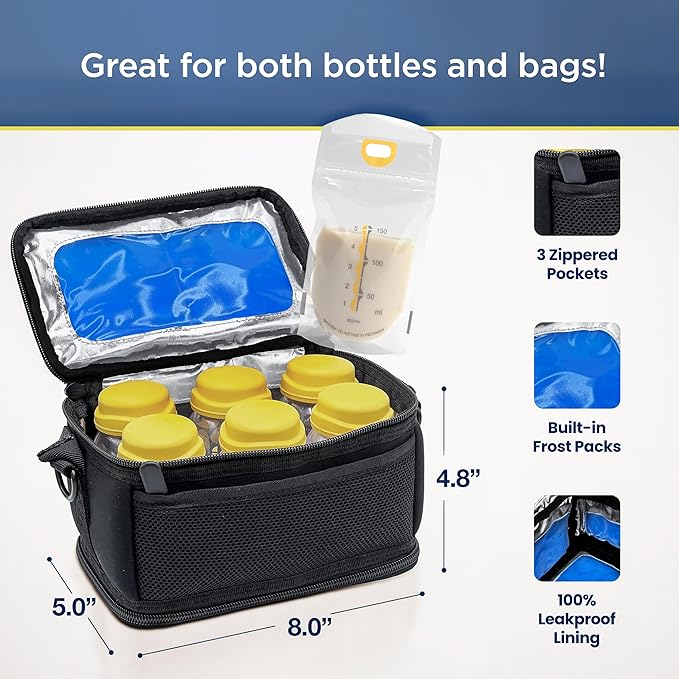 FreezeN'Go Breast Milk Cooler Travel Bag (6 Built-in Ice Packs) Designed for 5oz Medela Express Baby Bottles and Breastmilk Storage Bags - Freezable Insulated Tote with Handle and Padded Strap