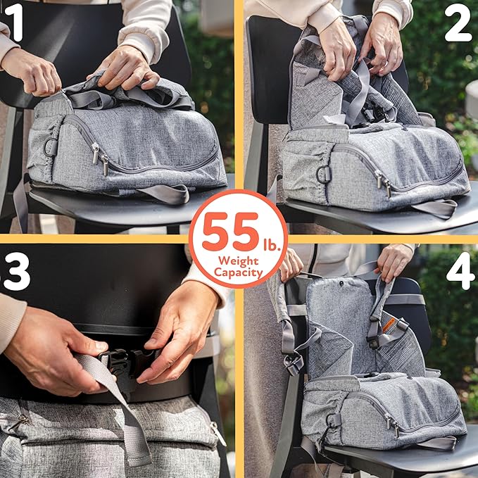 Nuby Easy Go 2-in-1 Backpack Booster Seat with 5-Point Safety Harness - Portable Travel Highchair - Holds Up to 55 lbs - 9+ Months - Gray