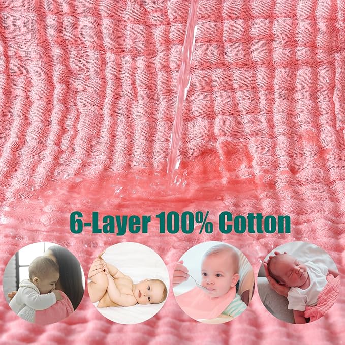 Muslin Burp Cloths 5 Pack Large 20x12 inches Baby Burping Cloths, 6-Layer 100% Cotton for Newborn Boys Girls, Ultra Soft & Absorbent (Pink & Coffee)