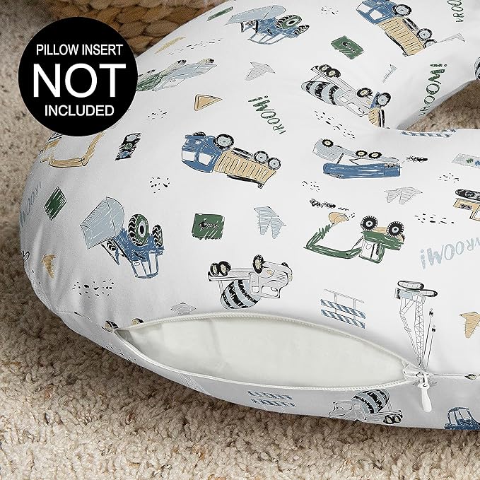 Sweet Jojo Designs Construction Truck Boy Nursing Pillow Cover Baby Breastfeeding Slipcover Infant Newborn Nursery Bottle Breast Feeding Pillowcase(Pillow NOT Included)- Grey Blue Green Transportation