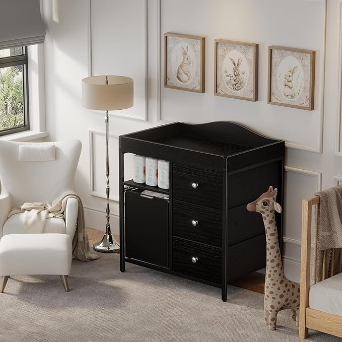 BOLUO Black Changing Table Dresser with 3 Fabric Drawers and Hamper, Baby Dresser with Changing Table Top, Nursery Diaper Changing Station with Storage Shelf Modern