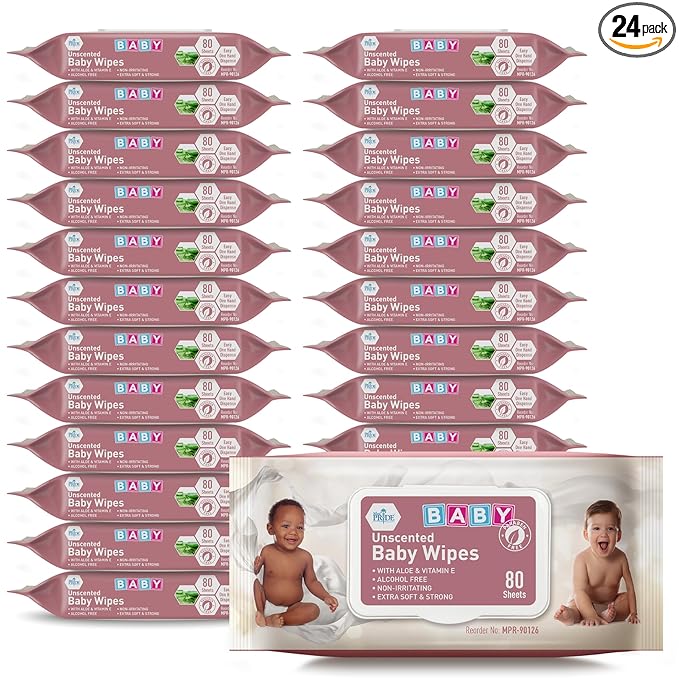 MED PRIDE Unscented Baby Wipes, 24 Pack (80 Wipes Each), Aloe & Vitamin E, Alcohol Free & Paraben Free, Soft & Strong Sensitive Baby Wet Wipes with Resealable Lid