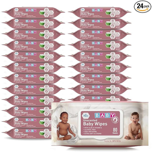 MED PRIDE Unscented Baby Wipes, 24 Pack (80 Wipes Each), Aloe & Vitamin E, Alcohol Free & Paraben Free, Soft & Strong Sensitive Baby Wet Wipes with Resealable Lid