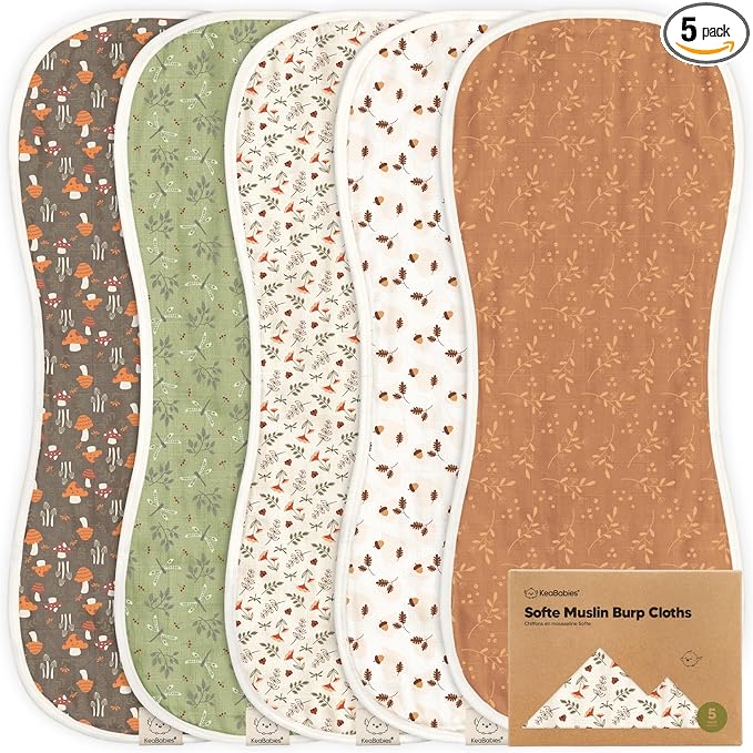 5-Pack Muslin Burp Cloths Baby Boy, Girl - Very Absorbent Baby Burp Cloth Rags, 8-Layers Viscose Derived from Bamboo Cotton Muslin Towel, Super Soft Spit Up Rags, No Shrink Washcloths (Fall Spores)