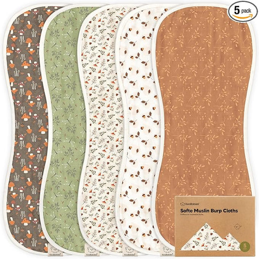 5-Pack Muslin Burp Cloths Baby Boy, Girl - Very Absorbent Baby Burp Cloth Rags, 8-Layers Viscose Derived from Bamboo Cotton Muslin Towel, Super Soft Spit Up Rags, No Shrink Washcloths (Fall Spores)