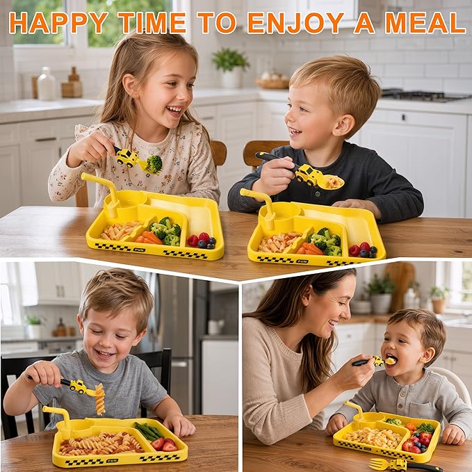 Deinyi Construction Toddler Utensils - Toddler Forks and Spoons - Kids Construction Toys Utensils - Forks and Spoons Silverware Set - Easter Birthday for 1 2 3 4 5 year old, Yellow