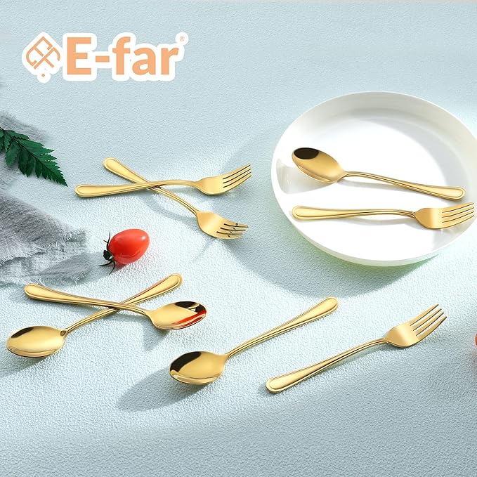 E-far 12-Piece Toddler Silverware, Stainless Steel Kids Utensils Forks and Spoons, Children Safe Mirror Polished Metal Cutlery Set for Self Feeding, 6 Forks & 6 Spoons(Gold)