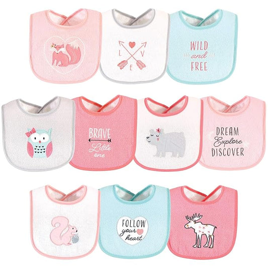 Hudson Baby Unisex Baby Cotton Terry Drooler Bibs with Fiber Filling, Girl Woodland, One Size