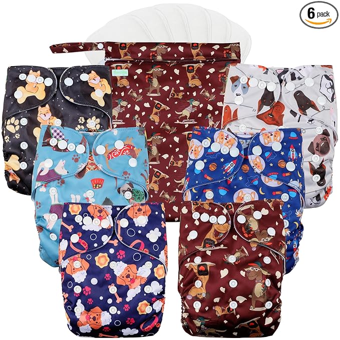 wegreeco Cloth Diapers 6 Pack with 6 Inserts & 1 Wet Bag, Washable Cloth Diapers for Babies, One Size Adjustable Reusable (Little Dogs)