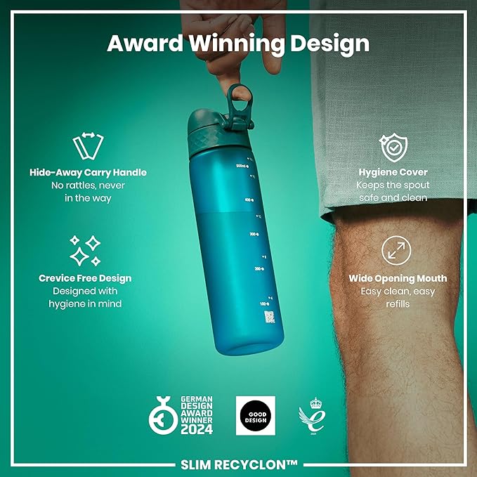ION8 Water Bottle, 500 ml/18 oz, Leak Proof, Easy to Open, Secure Lock, Dishwasher Safe, BPA Free, Hygienic Flip Cover, Carry Handle, Fits Cup Holders, Easy Clean, Odor Free, Carbon Neutral, Aqua Blue