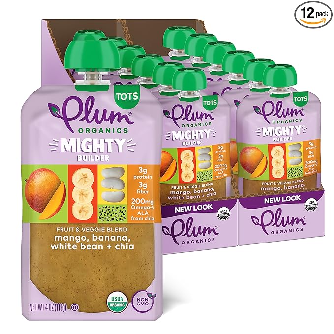 Plum Organics - +12 Months Organic Baby Food - Mango, Banana, White Bean & Chia - Non-GMO - On-The-Go Pouches for Baby & Toddler Meals - Quality Tested Ingredients - 4 oz (Pack Of 12)