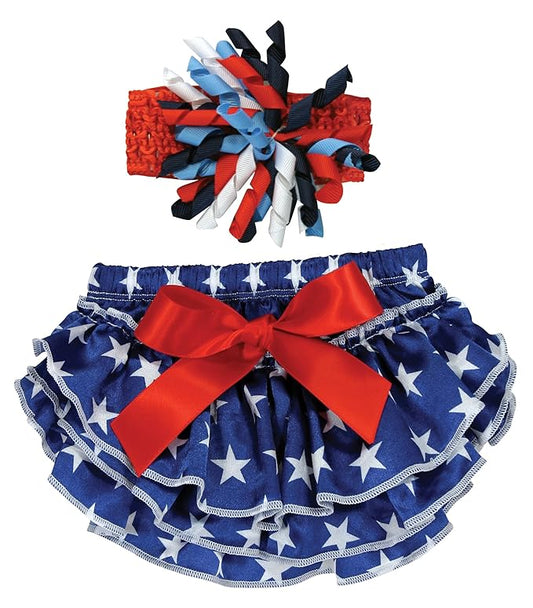 Stephan Baby Stars and Stripes Ruffled Diaper Cover and Curly Bow Headband, 6-12 Months