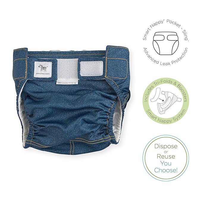 Amazing Baby Hybrid Cloth Diaper Cover with Pocket-Sling, Large, Sz 4 (22-40 lbs), Use Boosties Disposable or Reusable Inserts, Blue Jean, Set Includes Diaper Cover + Tri-fold Insert + Booster Pad