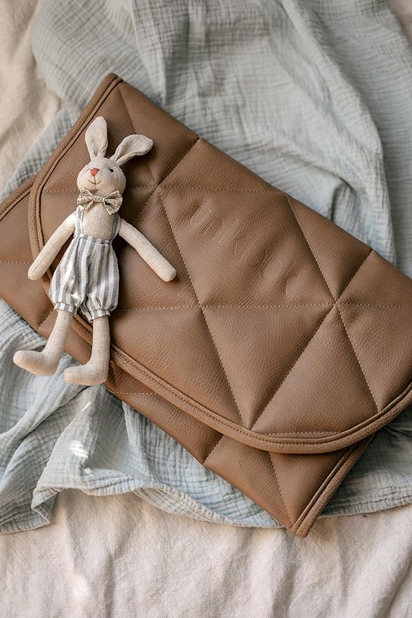 Quilted Padded Vegan Leather Portable Changing pad Mat | Play mat Baby Toddler Infant by Uniklook | Baby Diaper | Tummy Time Mat Crawling Play Time | Waterproof Baby Infant Floor Mat 16”x30” (Tan)