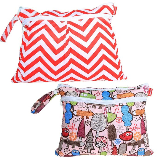 Damero 2Pack Waterproof Wet Bag, Reusable Wet Dry Bag Organizer for Travel, Beach, Diapers, Breast Pump Parts and Wet Swimsuits, Tree+Red Chevron