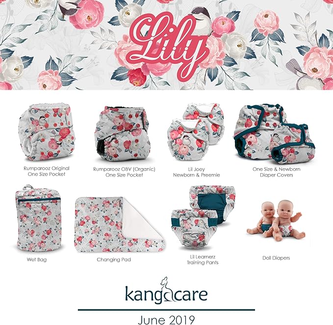 Kanga Care Rumparooz G3 OBV Cloth Diaper Reusable One Size Pocket Diaper with Patented Inner Double Gusset 2 pcs Bamboo Rayon Insert Soaker | Lily (6-55+ lbs)