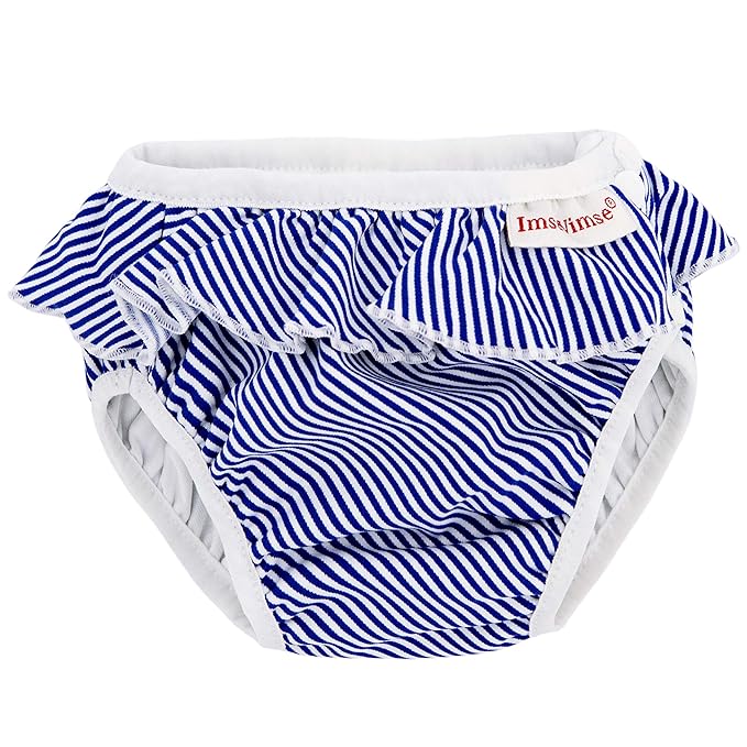Imse Vimse Reusable Swim Diaper for Baby and Toddler Girls with Ruffle and Snaps (White Blue Stripe, S 13-17 lbs)