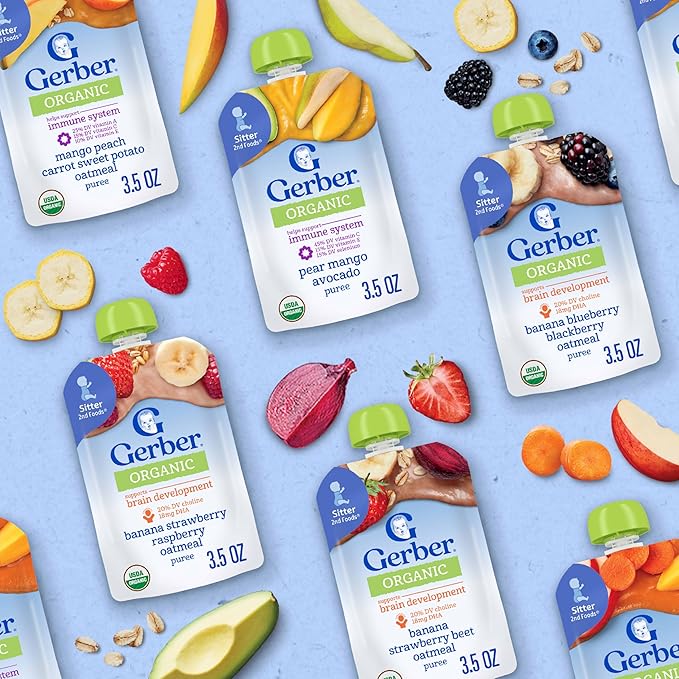 Gerber Stage 2 Baby Food, Organic Carrot Apple Mango, Baby Food Pouches, Puree Pouches, Vitamin A, C, & E Helps Support Immune System, No Artificial Flavors or Colors