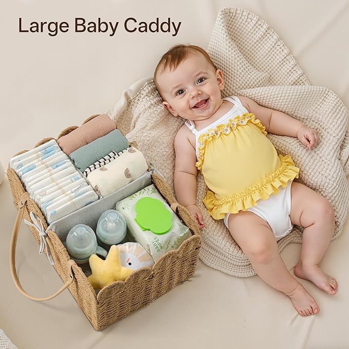 Angelhood Scalloped Paper Rope Diaper Caddy, Woven Floral Baby Diaper Organizer with Dividers for Changing Table, Nursery & Car Portable Baby Gift Basket