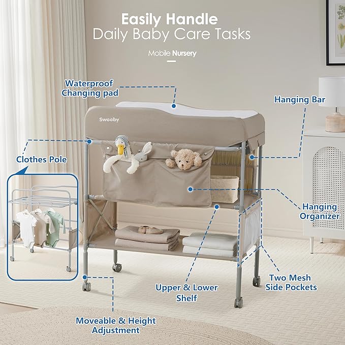 Sweeby Portable Baby Changing Table, Foldable Diaper Changing Station with Waterproof Pad, Mobile Nursery Organizer for Infant & Newborn Essentials, Light Khaki, Standard