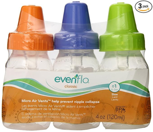 Evenflo Feeding Classic Clear Plastic Standard Neck Bottles for Baby, Infant and Newborn - Pink/Lavender/Teal or Green/Blue/Teal (COLORS MAY VARY), 4 Ounce (Pack of 3)
