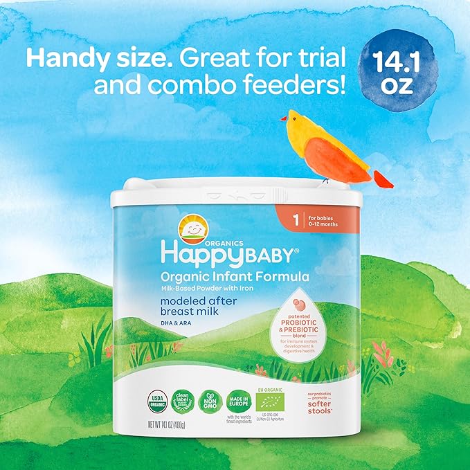 Happy Baby Organics Stage 1 Infant Formula, 0-12 Months, Milk Based Organic Baby Formula Powder with Iron, Probiotics & Prebiotics for Immune & Digestive Support, 14.1 Ounce (Pack of 1)